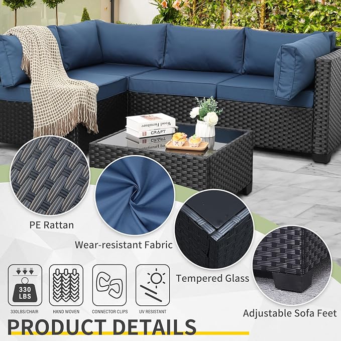 WAROOM Outdoor 5 Piece Patio Furniture Set, Black Rattan Conversation Couch Resin Wicker Sectional Sofa Outside Chair with Coffee Table, Navy Blue Cushion