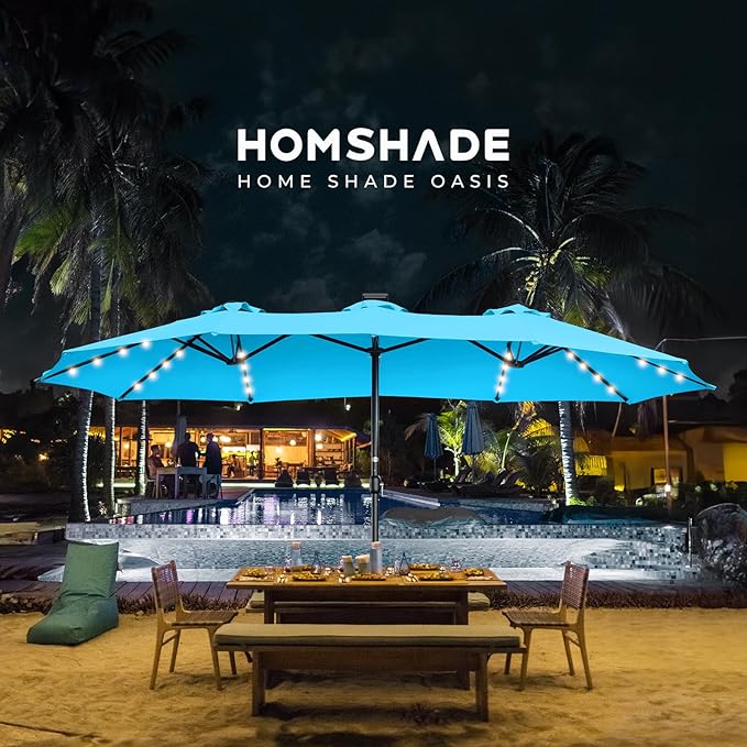 HOMSHADE Double Sided Patio Umbrellas - 15ft Solar Lights LED Lighted Outdoor Extra Large Market Table Umbrella with Base Included, Oversized Umbrella for Deck, Pool, Backyard