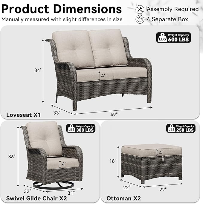 5 Piece Outdoor Wicker Patio Furniture Set, Outdoor Swivel Rocker Patio Chairs Set with Thickened Olefin Cushions, High Back and Deep Seating, Hand-Woven PE Rattan for Porch, Deck