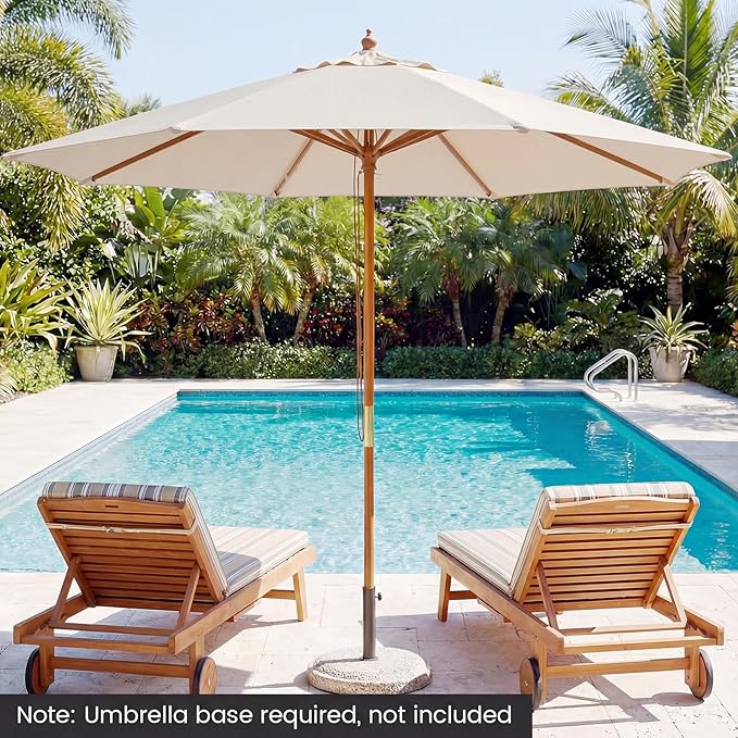 HAPPYGRILL 9 FT Patio Umbrella, Outdoor Table Market Umbrella with 8 Sturdy Bamboo Ribs, Wood Pole, Sun-Protective Double-Tier Canopy, Air Vent, Sunshade Parasol for Garden Deck Backyard Pool (Beige)