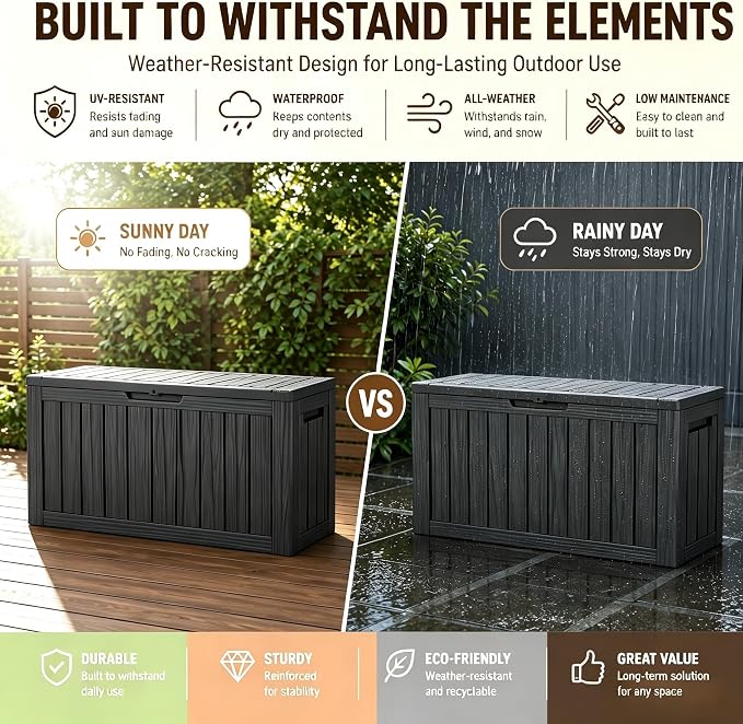 182 Gallon Outdoor Deck Storage Box, Large Waterproof Resin Patio Storage Box, Lockable Bench Seat Holds 2 Adults, for Garden Tools, Cushions & Pool Floats, UV & Rust Resistant, Black