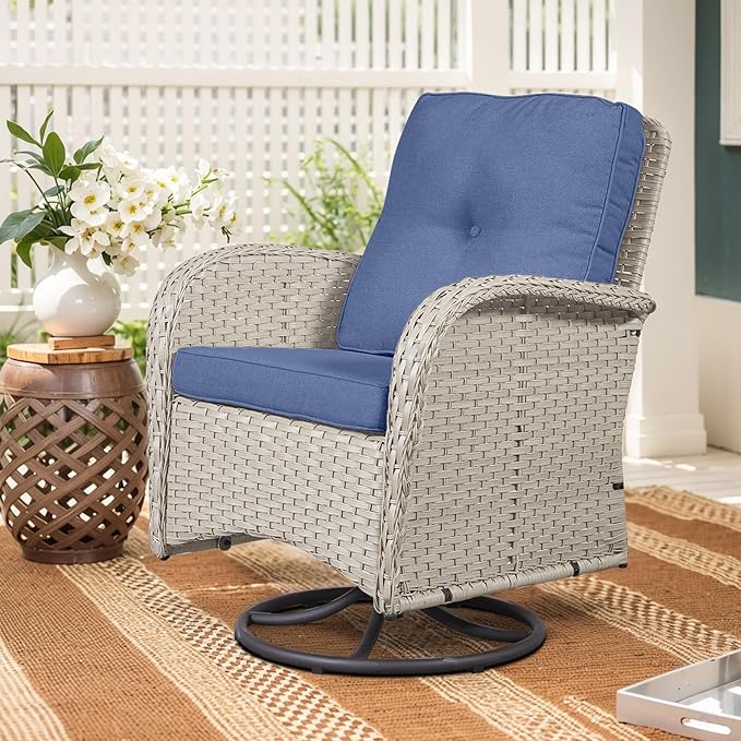 2 in 1 Porch Glider Swivel Chair - Wicker Patio Furniture Outdoor Swivel Rocker Chair with Thick Cushion, 300 Lb Weight Capacity Patio Swivel Glider Seating - Light Beige Wicker Blue Cushion
