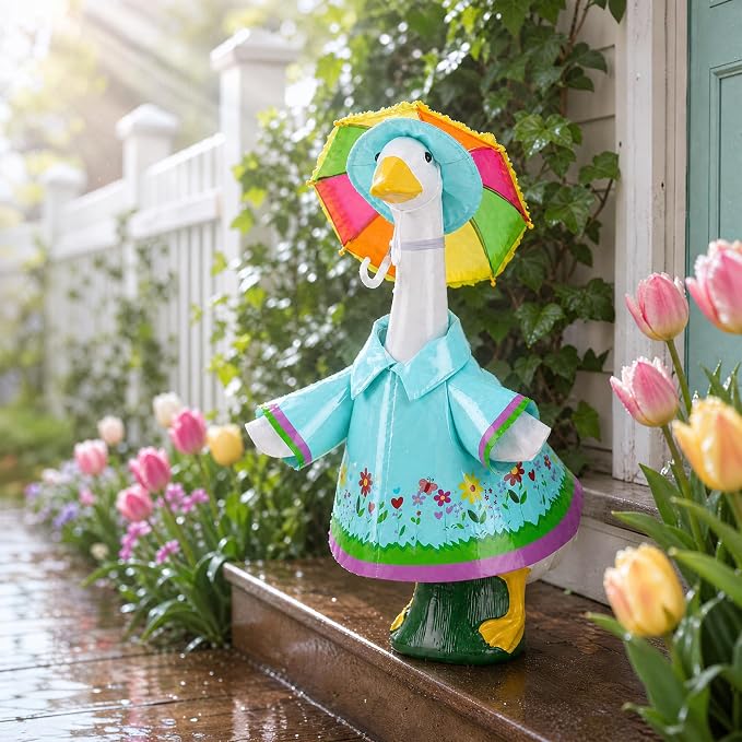DECOHS 3 Pcs/Set Raincoat Porch Goose Outfits, Summer Lawn Goose Statue Costume with Rainbow Umbrella and Hat, Yard Geese Clothes for 23" Statue Patio Garden Decoration (Lake Blue)
