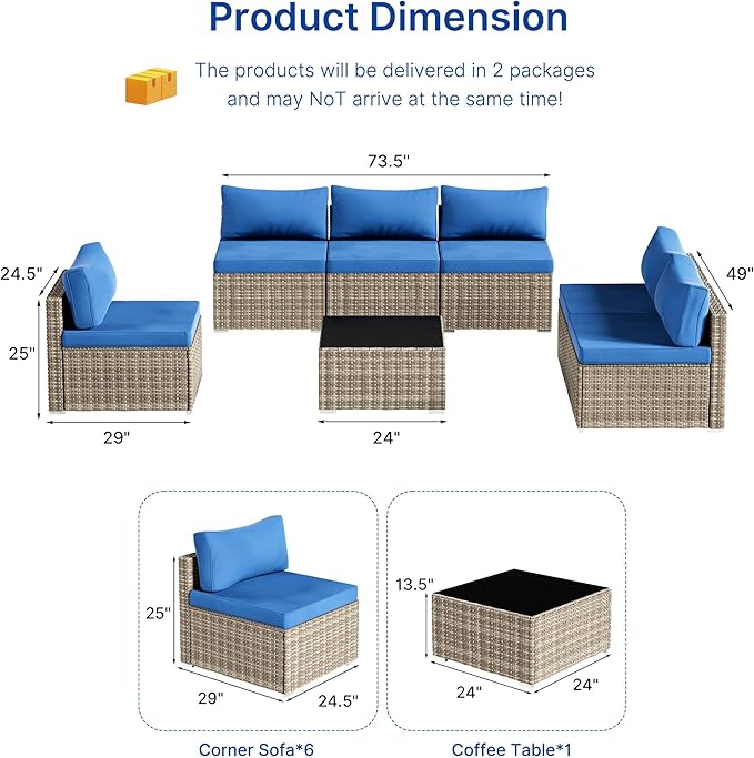7 Piece Patio Furniture Set, Outdoor Wicker Patio Sofa Set, PE Rattan Sectional Couch with Glass Table and Blue Cushions, All-Weather 7 Piece Outdoor Patio Furniture Sets, Grey