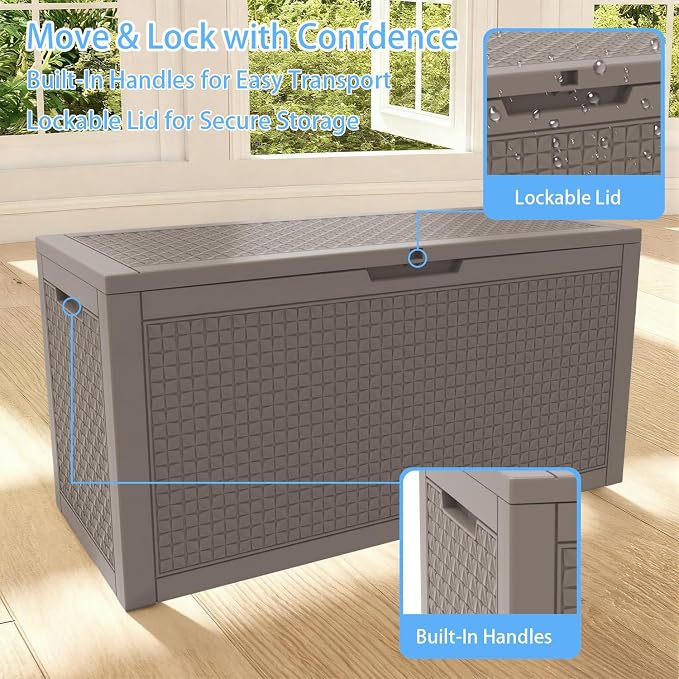 110 Gallon Outdoor Deck Storage Box, Weather Resistant Diamond Weave Lockable Storage Container for Patio, Pool, Backyard Large Volume Outdoor Organization (Grey,110GAL)