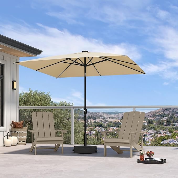 PURPLE LEAF 8' x 8' Square Patio Umbrella with Solar LED Outdoor Table Umbrella Aluminum Frame Market Umbrella with 8 Sturdy Ribs & Tilt for Garden Deck Lawn Pool Beige