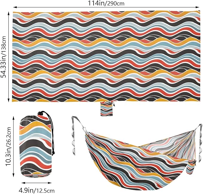 Camping Hammock Outdoor Hammocks for Outside Colorful Wavy Line Beach Trees Portable Lightweight with Pockets Tree Straps Indoor
