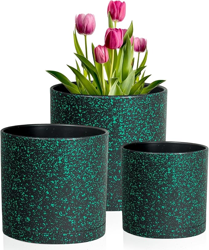 Meowell 8/7/6 inch Plant Pots, 3 Pack Cylindrical Flower Pots for Outdoor Indoor Plants, Decorative Plastic Planters with Drainage Holes and Saucers for Garden House Plants, Black with Green Speckles