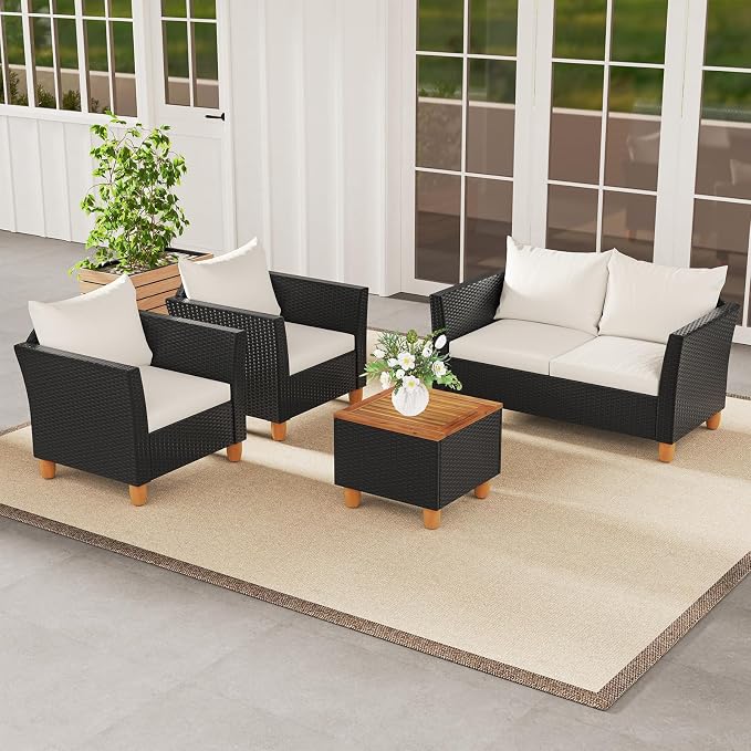 ORALNER 4 Pieces Patio Furniture Set, Outdoor Wicker Conversation Chairs, Loveseat w/Cushion, Acacia Lift-Top Coffee Table, Rattan Set for Balcony Garden Backyard Front Porch Poolside Deck (White)