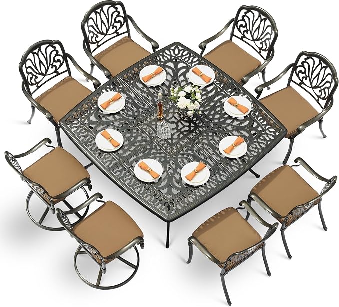 VIVIJASON 9-Piece Outdoor Furniture Dining Set, Cast Aluminum Patio Table and Chairs Set with 6 Stationary Chairs, 2 Swivel Rocker Chairs, 64" Large Square Dining Table, Umbrella Hole, Khaki