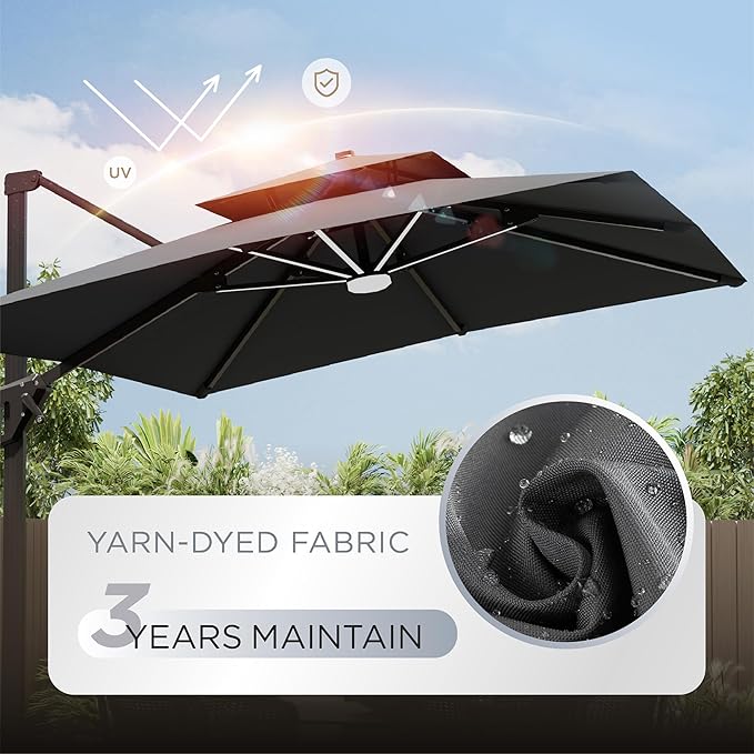 10' X 13' Patio Umbrella with Weighted Base and LED Lights Outdoor Cantilever Large Rectangle Offset Umbrellas Heavy Duty Aluminum Double Top with 360-degree Rotation for Pool Garden Deck, Grey