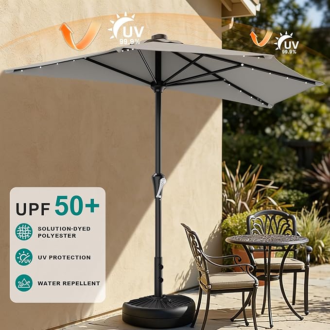 AreShark 9ft Patio Half Umbrellas with Solar Lights, 1/2 LED Half Outdoor Umbrella w/ 20 LED Lights, Lighted Table Wall Umbrella with Crank & 5 Sturdy Ribs for Market, Pool, Deck, Lawn and Garden, Foggy Gray