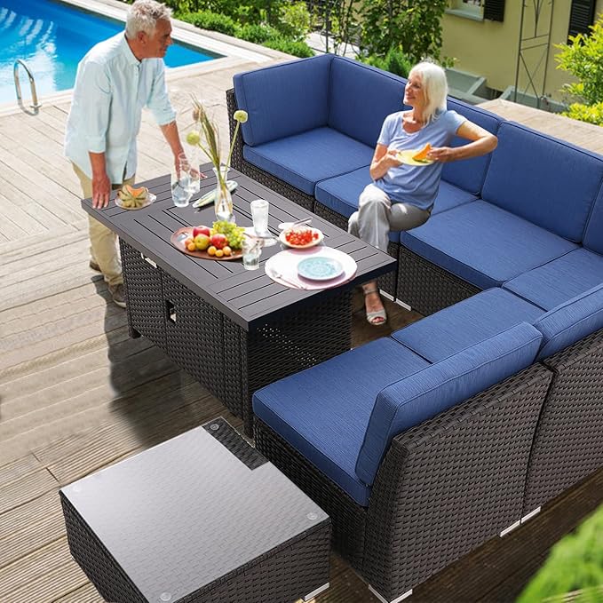 8 PCS Patio Sofa Set with Firepit Table Tempered Coffee Table Outdoor Sectional Set Patio Conversation Set Patio Furniture Sets All Weather with Thick Cushion, Rattan Handwoven