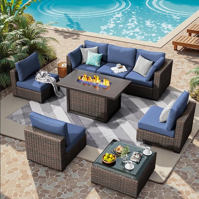 8 Piece Patio Furniture Set with Fire Pit Table All Weather PE Rattan Outdoor Sectional Sofa Couch with No-Slip Cushions and Glass Top Table for Garden, Poolside, Backyard (Blue)