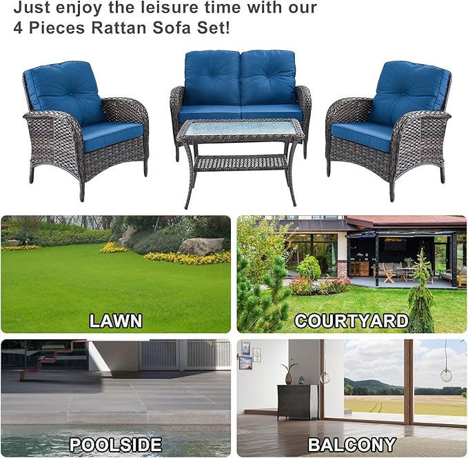 Belord Outdoor Wicker Loveseat Furniture Set of 4 with Coffee Table for Porch Deck Balcony, 4 Pieces Rattan Outdoor Conversation Sets Include 2 Club Chairs 1 Loveseat Couch 1 Coffee Table Brown/Blue