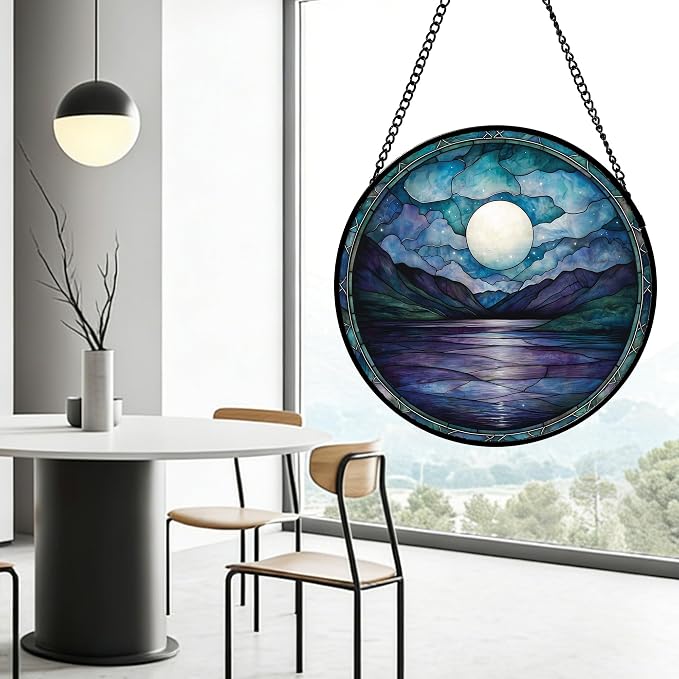 DASTOLL Stained Glass Window Hanging, Blue Night Moon Lake Sun Catchers Colorful Glass Panel Landscape Suncatcher Decor for Birthday for Women, Men, Wife, Aunt, and Mom 9.8 in