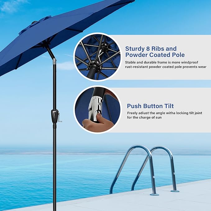 HealSmart 9' Patio Table Umbrella with Button Tilt, 8 Sturdy Ribs, 50lbs Base Stand Included, for Garden, Backyard, Deck, Pool, Blue