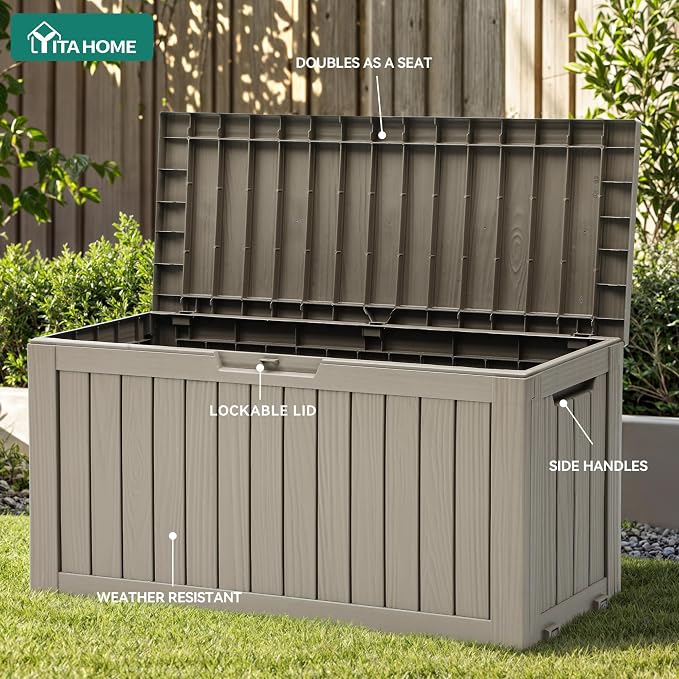 YITAHOME 72 Gallon Outdoor Storage Box w/Wheels, Resin Deck Box Indoor & Outdoor Patio Storage Box for Throw Pillows, Athletic Gear, Yard (Light Brown)