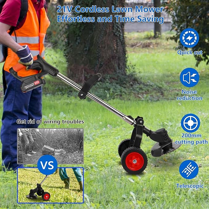 Electric Weed Wacker Cordless, Weed Eater Battery Powered with 2*2000mAh Battery,Wheels, Lightweight Grass Trimmer Cordless with 3 Types Blade,Foldable Lawn Edger/Brush Cutter for Yard Garden