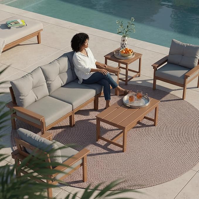 HDPE Outdoor Patio Furniture Set, 7-Piece Patio Conversation Sets with Coffee Table & Side Table & Grey Washable Thick Cushions, Outdoor Sofa for Balcony, Porch, Poolside (Teak Frame)