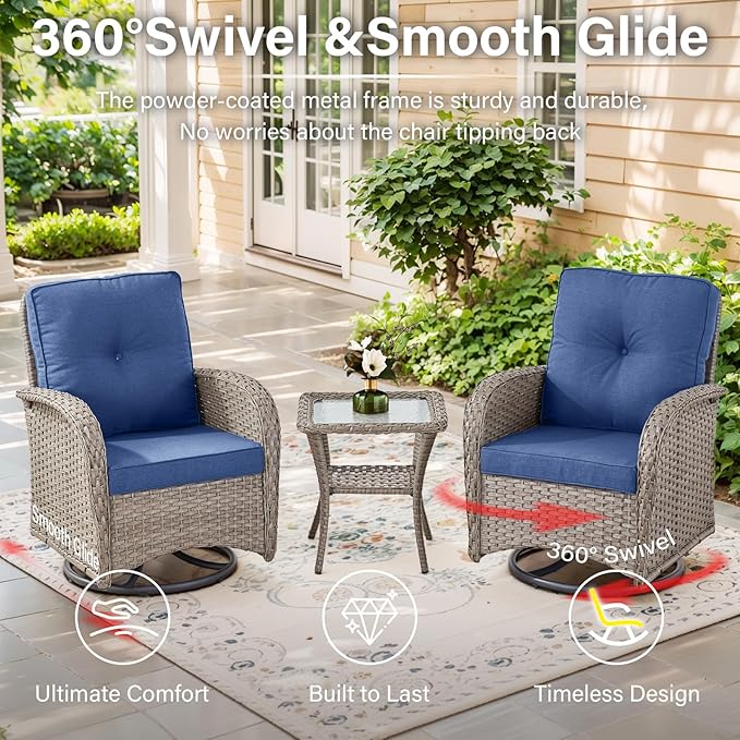 Belord 5-Piece Patio Furniture - Outdoor Conversation with Deep Seating Swivel Rocker Chairs Loveseat and Rattan Coffee Table, Gray with Blue Cushion