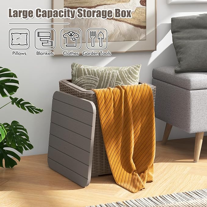 LDAILY 11.5 Gallon Outdoor Storage Box, Deck Box with Table Top & Stool, Resin Wicker Patio Side Table with Storage, Removable Lid, 330Lbs Capacity for Poolside, Balcony (Brown)