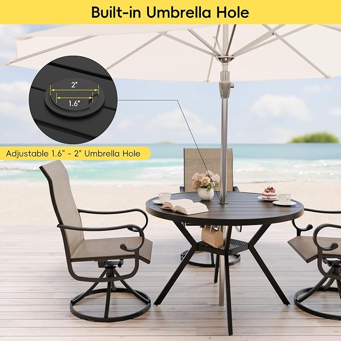 Betterhood 42” Outdoor Patio Table, Metal Patio Dining Table for All Weather, Round Outdoor Coffee Table, Patio Table with Adjustable Umbrella Hole or Garden, Backyard and Porch