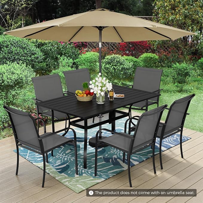 Incbruce 8 Pieces Patio Dining Set with Brown Umbrella, Outdoor Dining Set of 6 Textilene Chairs and Rectangle Table with Umbrella Hole for Backyard, Garden, and Poolside (Grey)