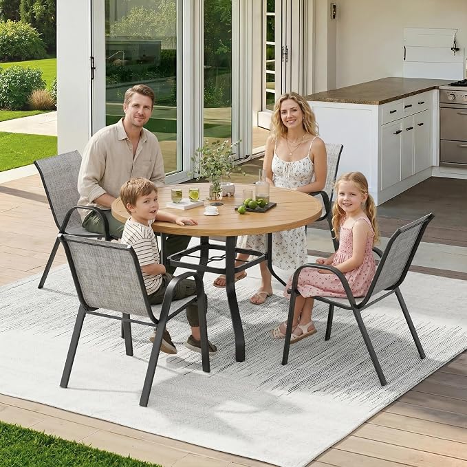 Soohow Patio Dining Set for 4, 5-piece Outdoor Dining Set 4 x Stackable Patio Chairs & 1 x Wood-Like Round Table with Umbrella Hole, All-Weather Outdoor Table and Chairs for Backyard, Balcony, Porch