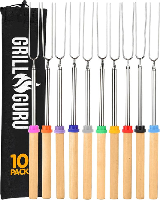 Grill Guru Smores Sticks for Fire Pit - Accessories for Campfire Marshmallow Roasting Sticks Smores Kit Outdoor-Smore Skewers Hot Dog Fork For Outside, Camping Essentials Bonfire Gear Long 32" 10 Pack