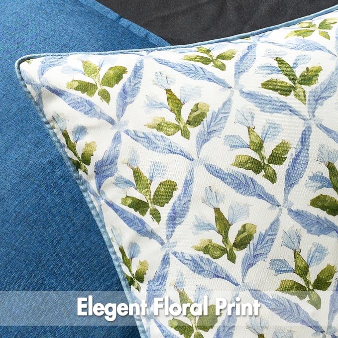 MIULEE Outdoor Floral Pillow Covers Waterproof 16x16 Blue-Green | Decorative Block Print,Boho Farmhouse, Set of 2 Coastal Summer Cushion Covers with Piping,Garden Patio Furniture Porch Couch
