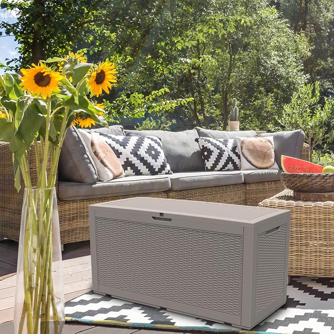 Modern-Depo 100 Gallon Deck Box Waterproof Outdoor Storage Bench | Polypropylene PP Garden Tools Pool Towel Storage Bin Porch Delivery Box, Gray