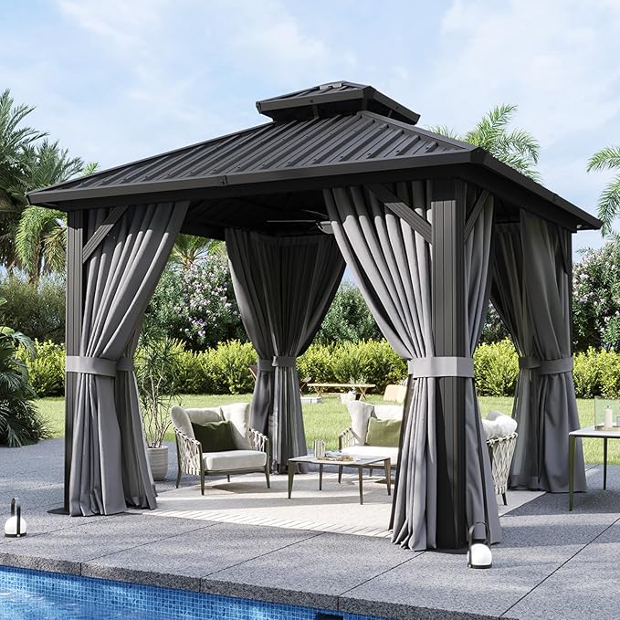 Aoxun 10’x10’ Hardtop Gazebo, Permanent Metal Pavilion with Galvanized Steel Double Roof, Outdoor Pregola for Lawn, Garden, Patio (Black)