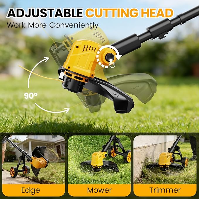 Electric String Trimmer, 14-Inch 2x3.0Ah 21V Battery Powered Weed Eater, Electric Lawn Mower Weed Wacker with Wheels, Brush Cutter Grass Trimmer for Garden Yard