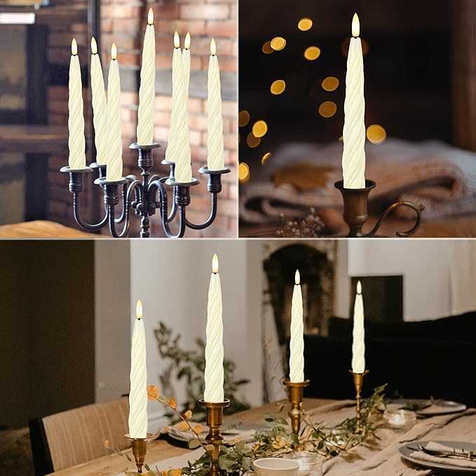 Flameless Taper Candles with 3D Wick, 9.6" Real Wax LED Candles with Remote and Timer, 3 Pack Flickering Candlesticks Battery Operated, Spiral Taper Candle for Home, Wedding, Party, Ivory