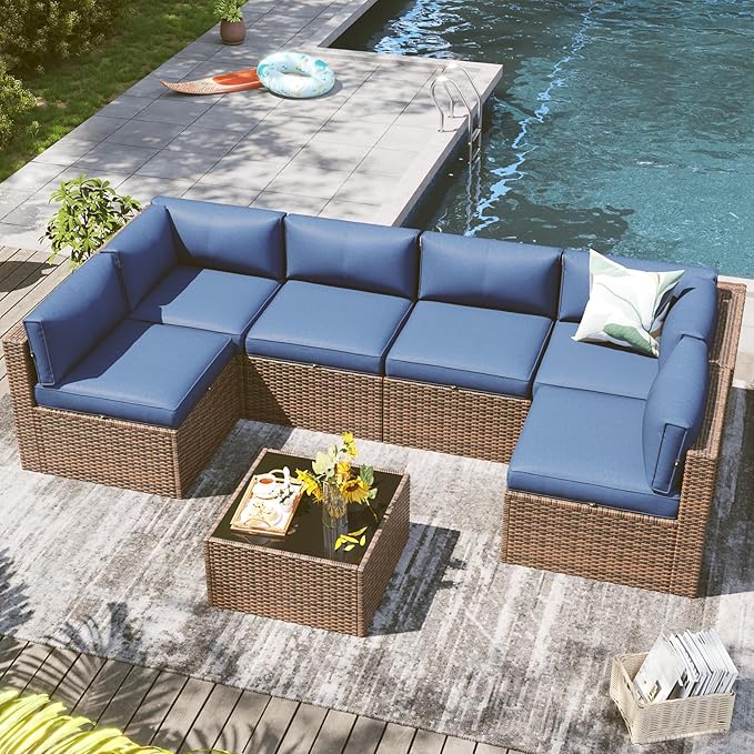 LazySunsets 7 Piece Outdoor Patio Furniture Set with Coffee Table, Outdoor Patio Furniture Sets with Waterproof Cover, Wicker Rattan Outdoor Conversation Set for Backyard & Garden, Blue