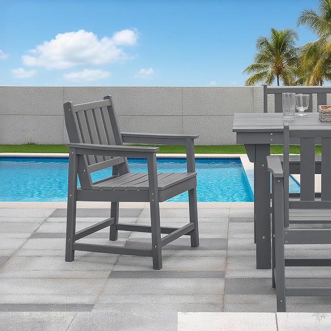 Outdoor Patio Chair, All-Weather HDPE Outdoor Furniture Chairs with Armrest and Backrest, 300 LBS Support Garden Patio Dining Chair for Poolside, Deck and Porch, Grey