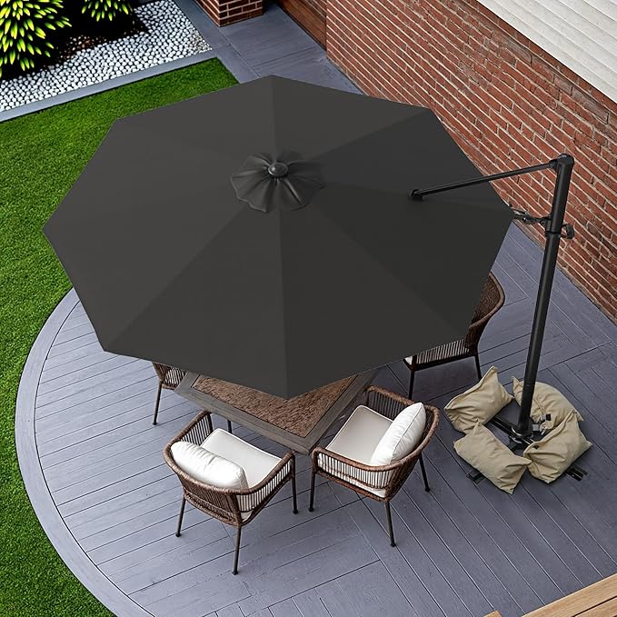 Greesum 10FT Outdoor Patio Umbrella with High Pedel and 4 Gear Heights, Large Offset Market Umbrella with 360-degree Rotation, Without Base, Hanging Outdoor Shade for Garden, Lawn, Pool, Black