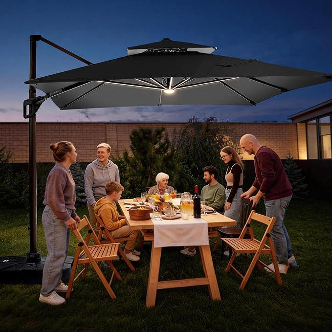 JZAC & QZYD 9x12 FT Outdoor Cantilever Patio Umbrella with Base Included and LED Lights, Large Heavy Duty 2-Tier Aluminum Offset Umbrellas with 360-Degree Rotation for Pool Deck, Grey