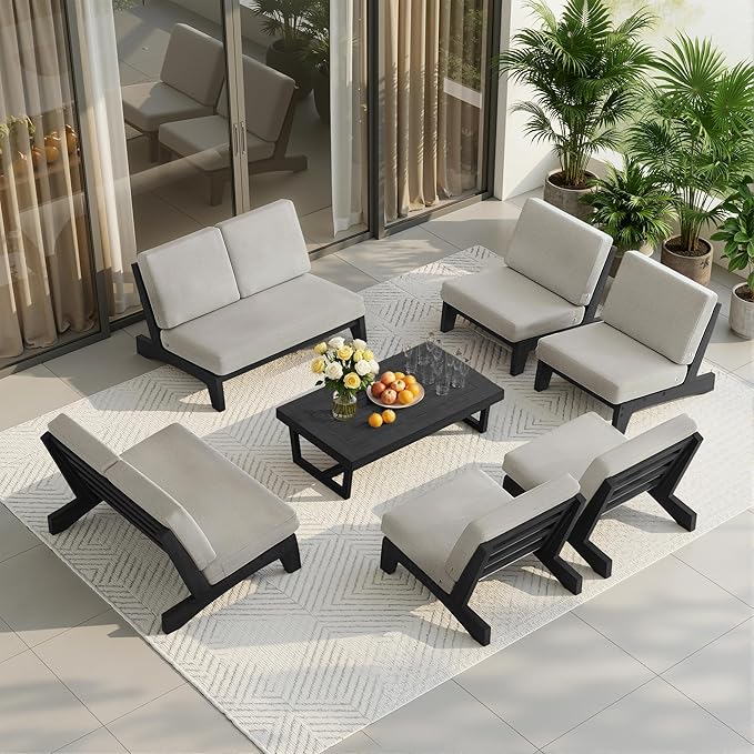 UIXE 8 Pieces All Weather Black Wood Patio Furniture Sets, 2 Patio Loveseat, 4 Patio Bistro Chair, Outdoor Sectional Sofa Furniture Backyard Conversation Set with Coffee Table - Light Camel