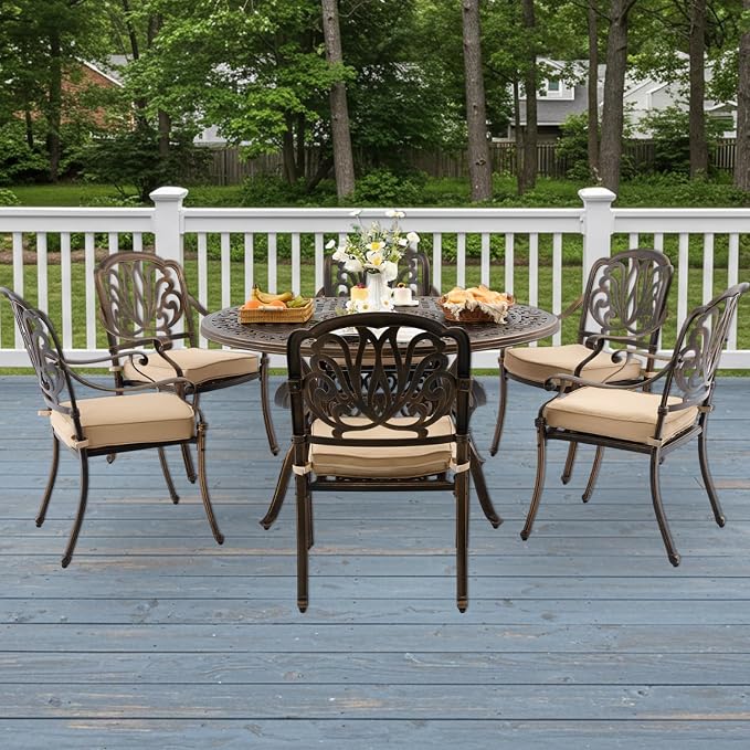 7-Pcs Cast Aluminum Patio Dining Set for 6, 54" Round Table,Bronze | Outdoor Furniture Set Include Dining Table and 6 Stackable Chairs with Cushions & Umbrella Hole