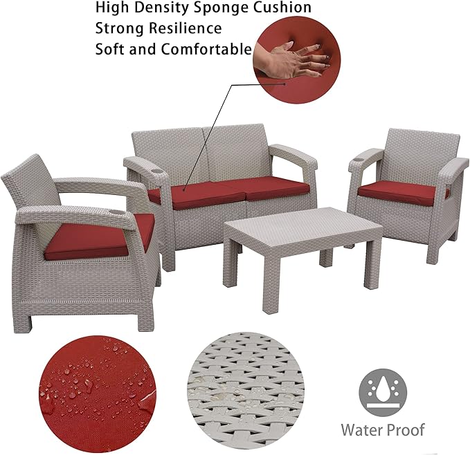 Jeco Pontus 4PC Grey Conversation Patio Set with Brick Red Cushion