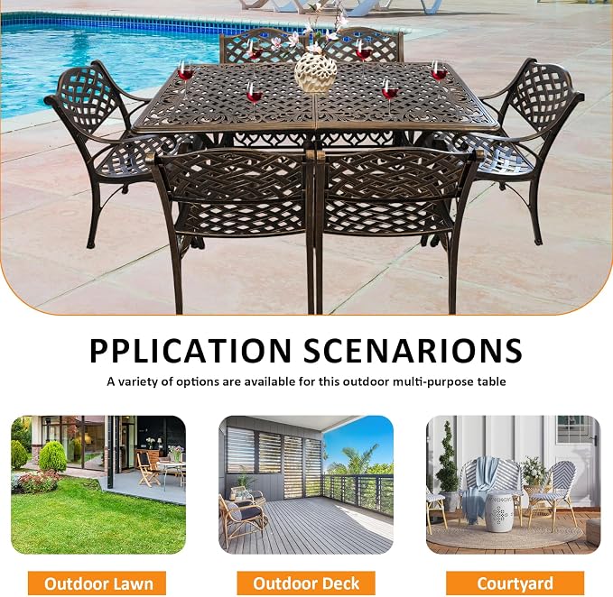 Rectangle Patio Table 59" Cast Aluminum Patio Dining Table with 2.56" Umbrella Hole, Weather-Resistant Outdoor Dining Table for 6-8 Person, Balcony Garden Table 59" x 35.5" x 29", Bronze