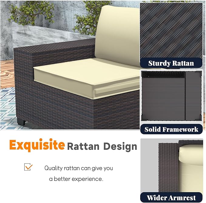 Patio Furniture Set 7 Pieces Outdoor Furniture Patio Conversation Set w/43in Aluminum Gas Fire Pit,PE Rattan Wicker 7 Pcs Outdoor Sofa Set w/55000 BTU Propane Fire Pit Table,Cream