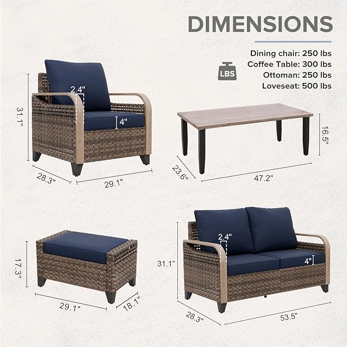 COOS BAY Modern Wicker Outdoor Furniture Set, 6 Piece Patio Conversation Set with 2 Patio Chairs, a 3 Seat Couch, 2 Ottomans and Coffee Table, 6 Piece, Brown/Blue
