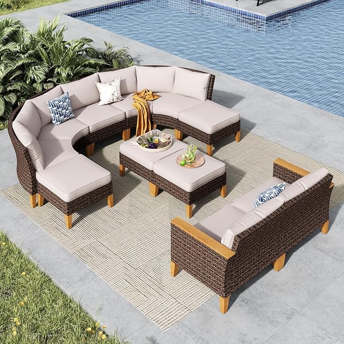 MFSTUDIO 11 Pieces Wicker Patio Furniture Set, All-Weather Rattan Outdoor Half-Moon Curved Sectional Sofa Set for Garden, Backyard, 4 x Curved Sofa, 1 x Armless Couch, 4 x Ottomans, 2 x Corner Chair