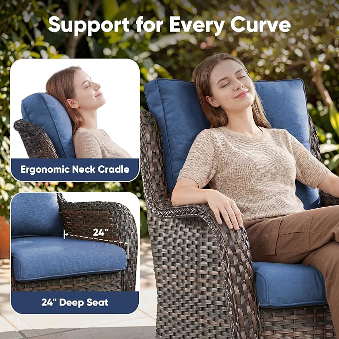 Belord Patio Furniture Set with Fire Pit Table,8 Piece Wicker Outdoor Furniture Set, Swivel Rocker Chairs with Ottomans and Loveseat, All Weather Patio Conversation Set, Pool,Yard, Brown Wicker/Blue