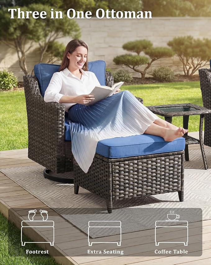 Outdoor Furniture Set of 6, Patio Furniture Set with 4 Wicker Swivel Rocker Chairs, 2 Side Table, High Back&Deep Seat for Garden Deck Porch Balcony Backyard - Blue