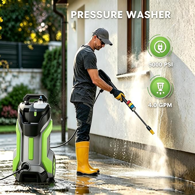 Pressure Washer 5000PSI 4.0GPM Power Washers with M22-14mm Pressure Hose 33FT, Power Sprayers High Pressure with 1/4" QC Compatible Surface Cleaner for Home Cars Driveways, LGreen