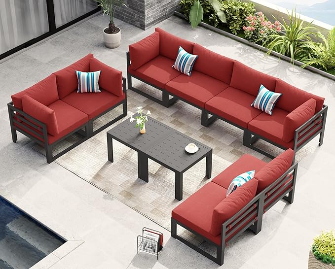 NICESOUL 8 Person Modern Aluminum Patio Furniture Set, 500 lbs Heavy Duty Sturdy Outdoor Sectional Sofa, 29" Deep Wide Large Seating, L Shaped Modular Conversation Couch for Garden Backyard, Burgundy